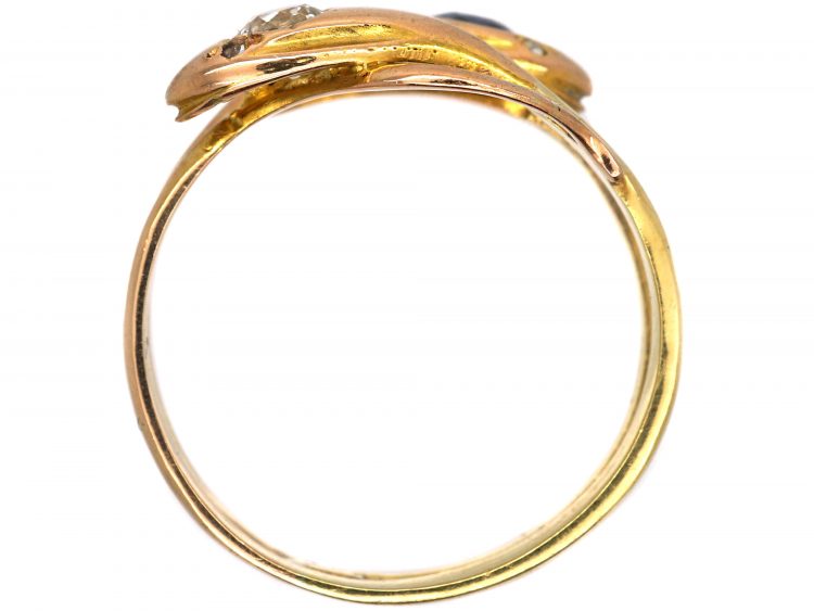 Edwardian 18ct Gold Double Snake Ring set with a Sapphire & a Diamond