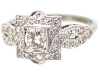 Art Deco Platinum & 18ct White Gold Square Cluster Ring with Entwined Shoulders