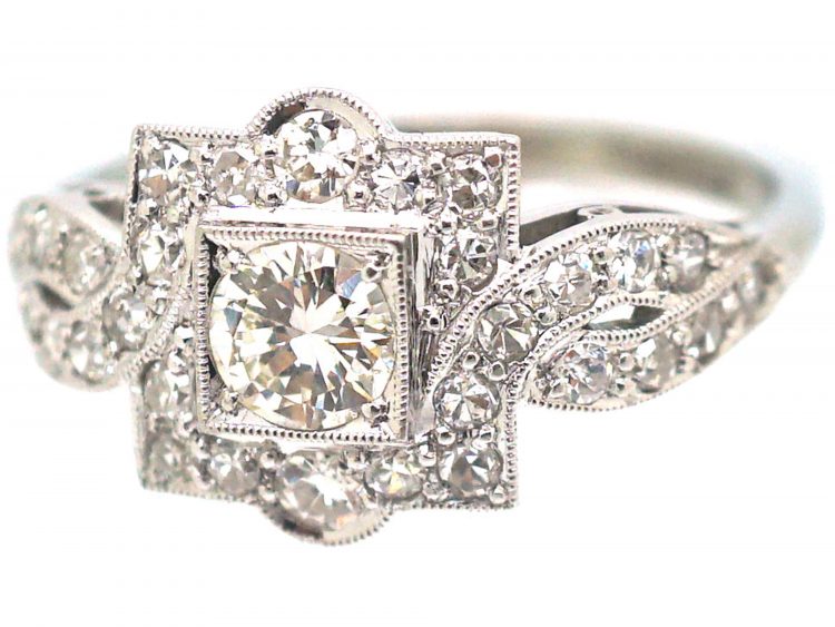 Art Deco Platinum & 18ct White Gold Square Cluster Ring with Entwined Shoulders