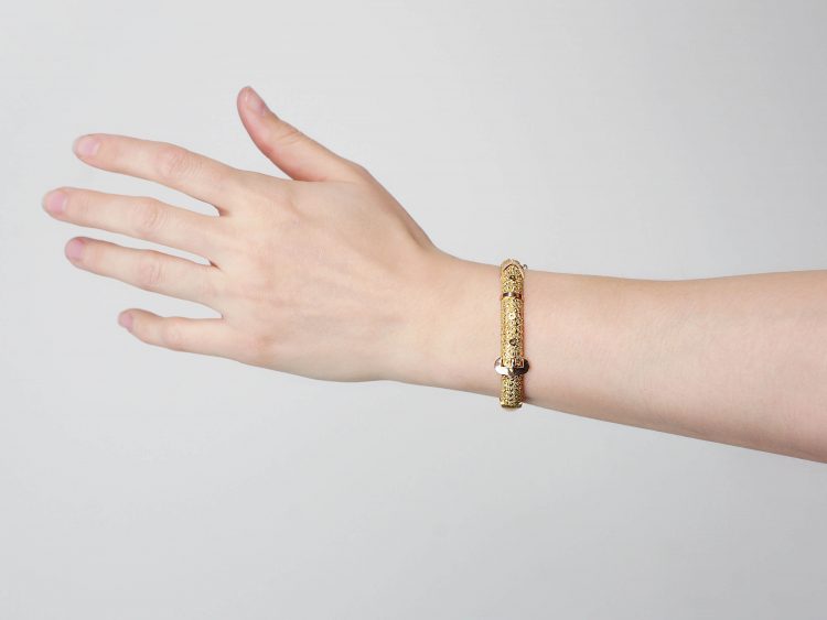Edwardian 9ct Two Colour Gold Bangle with Buckle Motif
