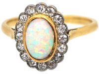 Edwardian 18ct Gold & Platinum, Opal & Diamond Cluster Ring