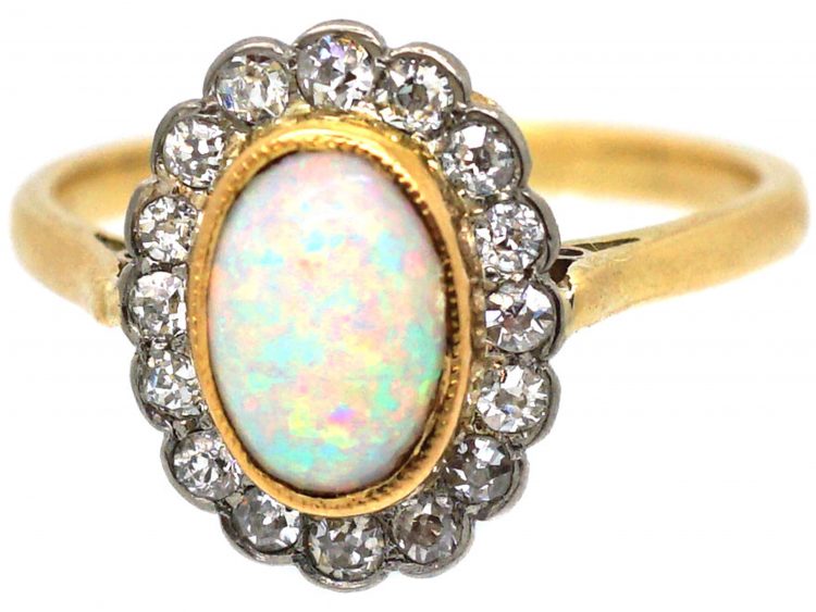 Edwardian 18ct Gold & Platinum, Opal & Diamond Cluster Ring