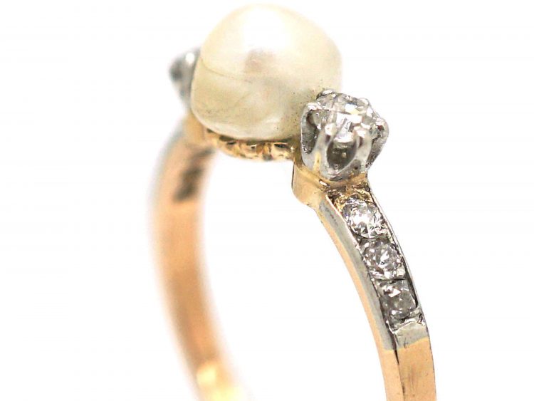 French Belle Epoque 18ct Gold, Natural Bouton Pearl & Diamond Ring