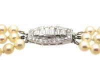 French Art Deco Cultured Pearl Three Row Necklace with Platinum & Diamond Clasp and Bars