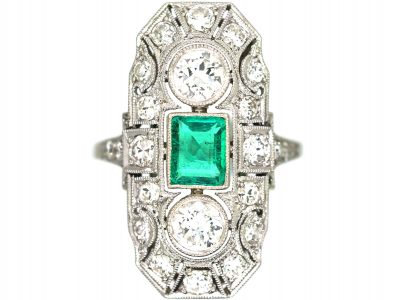 Early 20th Century Platinum, Emerald & Diamond Plaque Ring with Diamond Set Shoulders