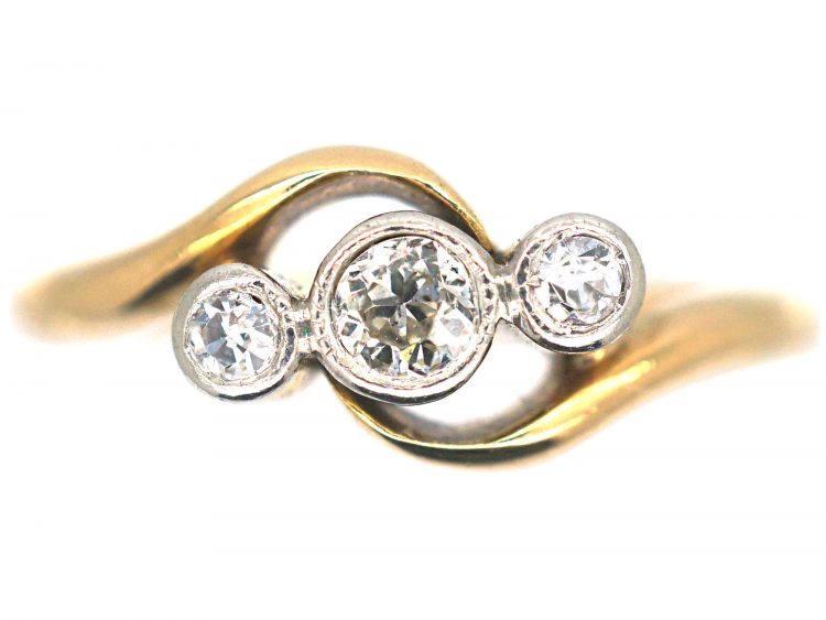 Edwardian 18ct Gold & Platinum, Three Stone Diamond Crossover Ring