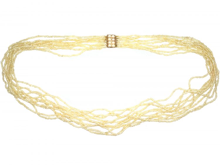 Georgian Ten Strand Natural Seed Pearls Necklace with 15ct Gold & Natural Split Pearl Clasp