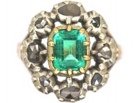 Large French Early 19th Century Emerald & Rose Cut Diamond Cluster Ring