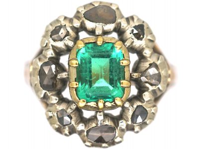 Large French Early 19th Century Emerald & Rose Cut Diamond Cluster Ring