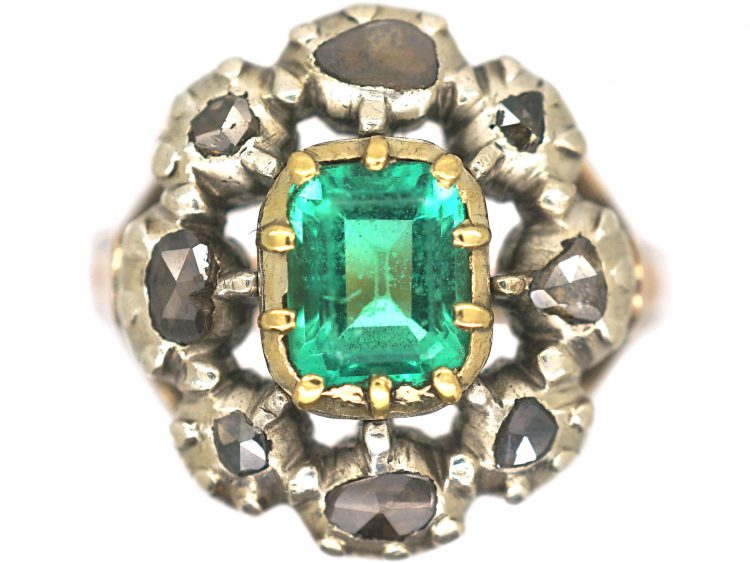 Large French Early 19th Century Emerald & Rose Cut Diamond Cluster Ring