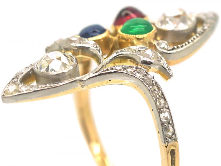 Art Nouveau 18ct Gold & Platinum, Diamond, Emerald, Ruby & Sapphire Ring