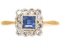 Art Deco 18ct Gold & Platinum, Sapphire & Diamond Square Shaped Ring