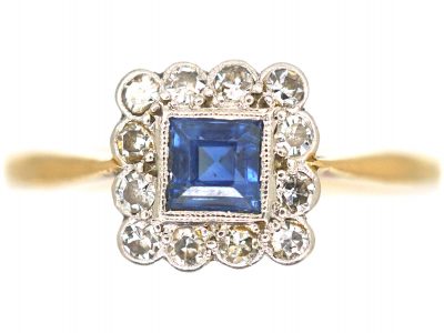 Art Deco 18ct Gold & Platinum, Sapphire & Diamond Square Shaped Ring