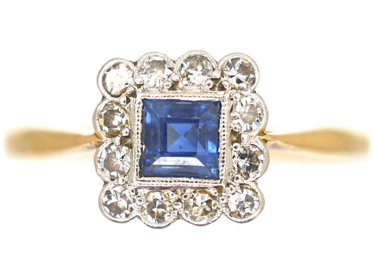 Art Deco 18ct Gold & Platinum, Sapphire & Diamond Square Shaped Ring