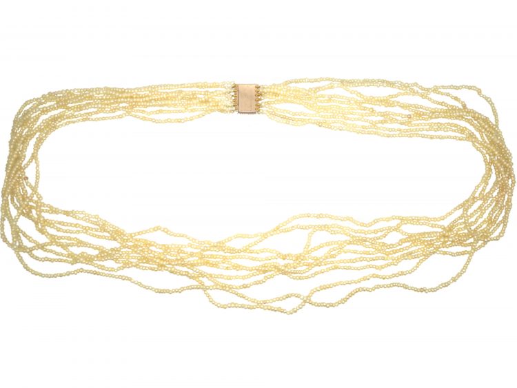 Georgian Ten Strand Natural Seed Pearls Necklace with 15ct Gold & Natural Split Pearl Clasp