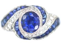 French 18ct White Gold, Sapphire & Diamond Spiral Ring