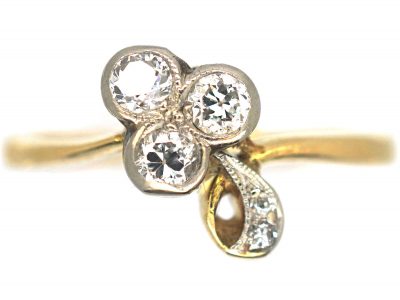 Edwardian 18ct Gold & Platinum Three Leaf Clover Ring set with Diamonds