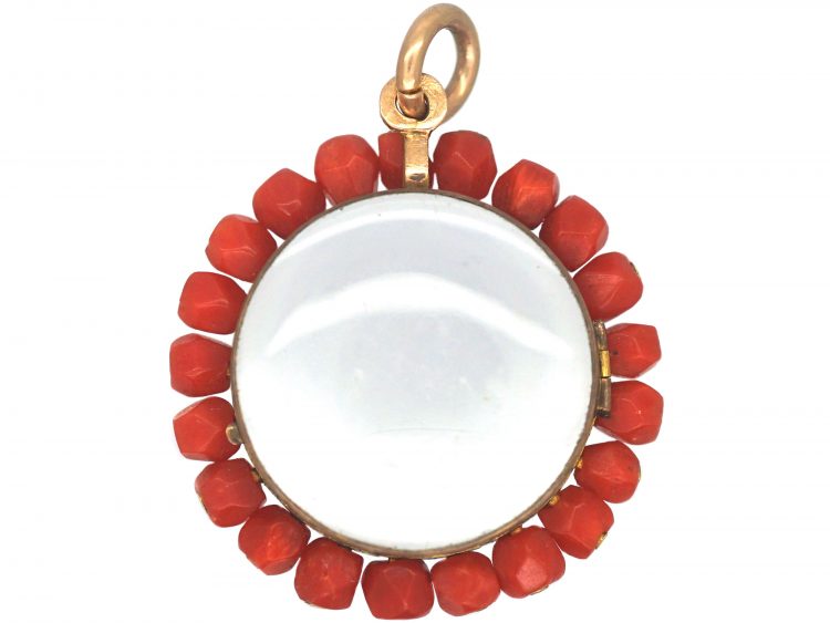 French 19th Century 18ct Gold Round Locket with Coral Border