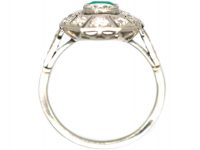 Early 20th Century Platinum, Emerald & Diamond Plaque Ring with Diamond Set Shoulders