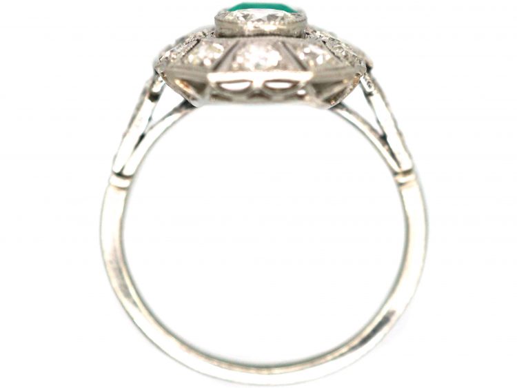 Early 20th Century Platinum, Emerald & Diamond Plaque Ring with Diamond Set Shoulders
