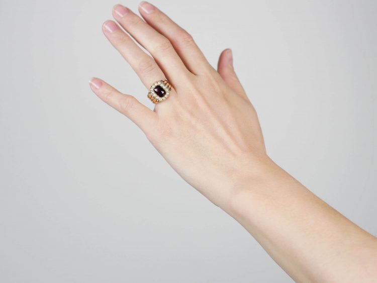 Georgian 18ct Gold, Cabochon Garnet & Natural Split Pearl Swivel Mourning Ring