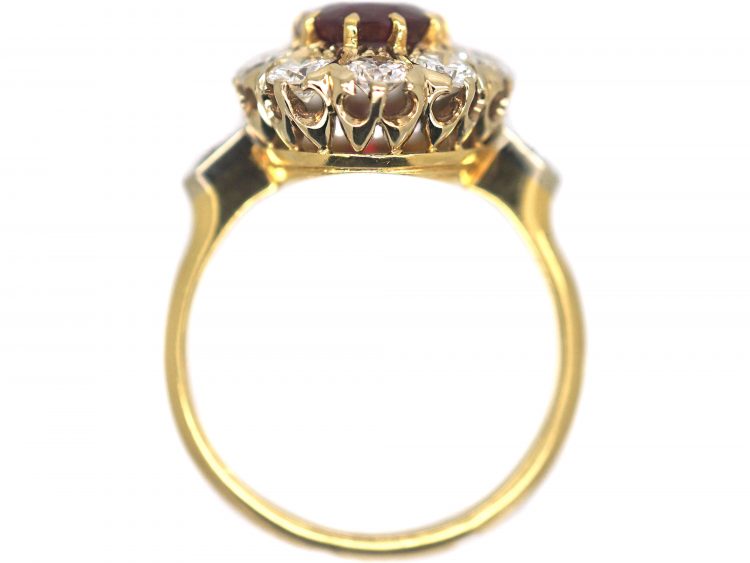 French 18ct Gold, Ruby & Diamond Cluster Ring with Diamond Set Shoulders
