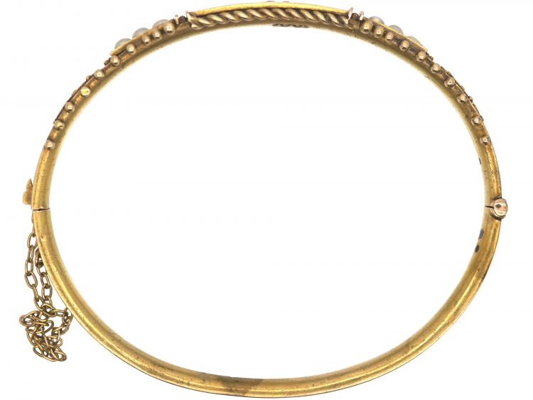 Victorian 15ct Gold Bangle set with Diamonds & Natural Split Pearls