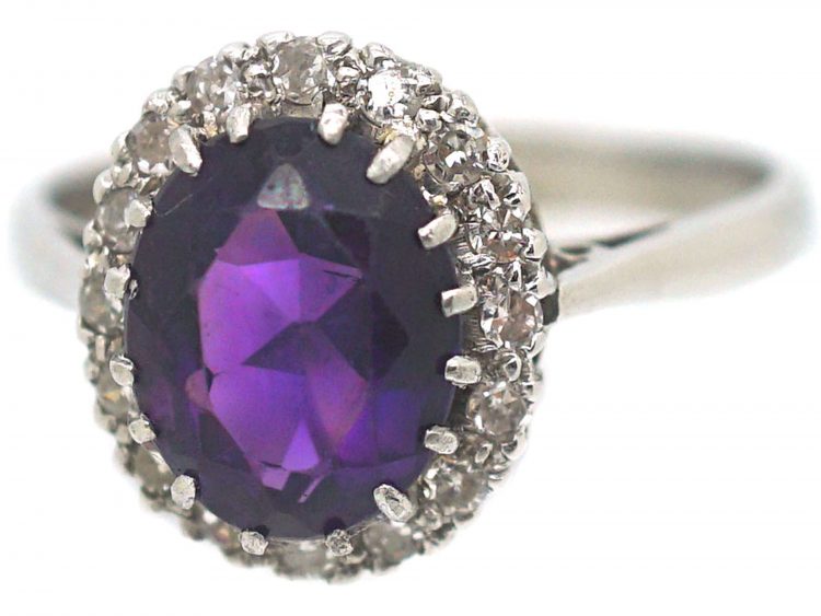 18ct White Gold, Amethyst & Diamond Oval Cluster Ring