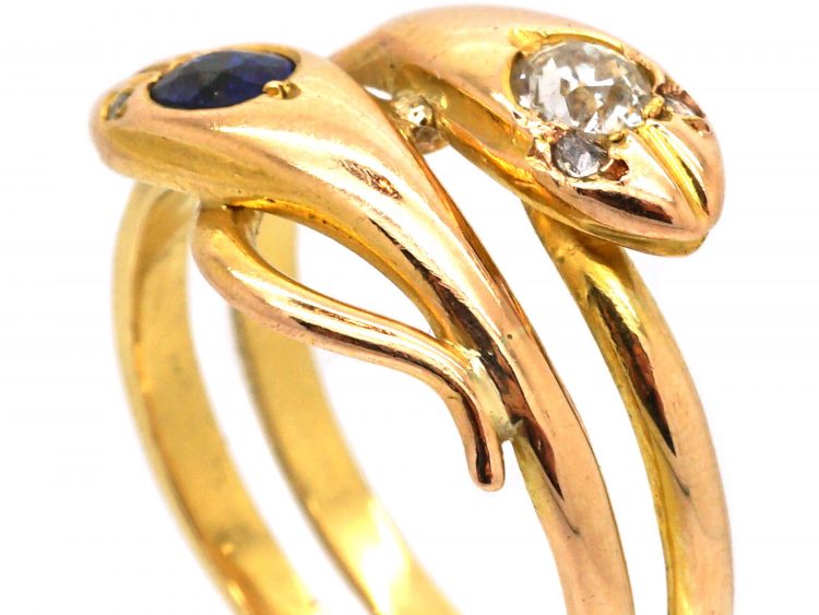 Edwardian 18ct Gold Double Snake Ring set with a Sapphire & a Diamond