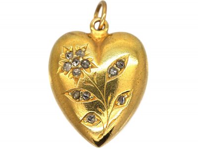 Edwardian 15ct Gold Heart Shaped Pendant with Rose Diamond Set Flower Motif