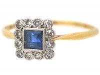 Art Deco 18ct Gold & Platinum, Sapphire & Diamond Square Shaped Ring