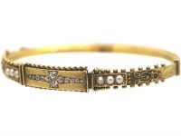 Victorian 15ct Gold Bangle set with Diamonds & Natural Split Pearls