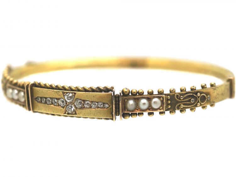 Victorian 15ct Gold Bangle set with Diamonds & Natural Split Pearls