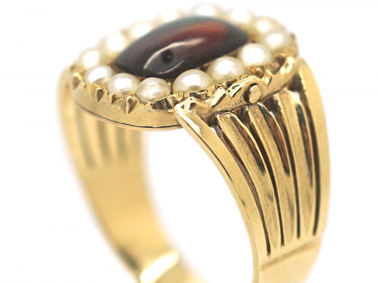 Georgian 18ct Gold, Cabochon Garnet & Natural Split Pearl Swivel Mourning Ring