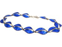 Silver & Blue Enamel Double Leaf Design Necklace by Willy Winnaess for David Andersen