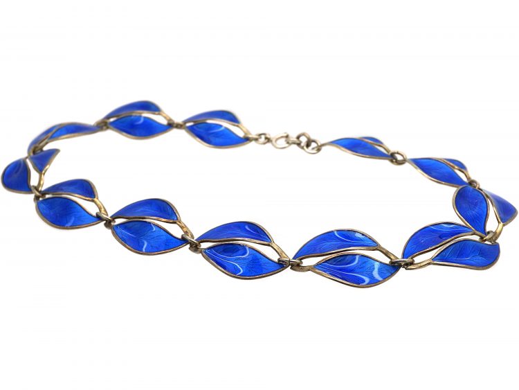 Silver & Blue Enamel Double Leaf Design Necklace by Willy Winnaess for David Andersen