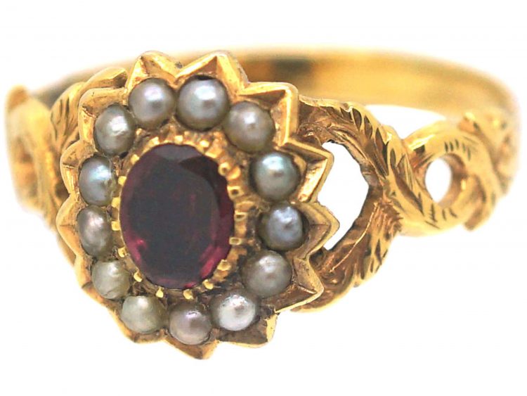 Regency 15ct Gold Flat Cut Garnet & Natural Split Pearl Cluster Ring with Glazed Locket on the Reverse