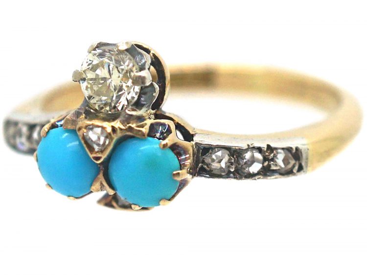 Edwardian 18ct Gold Turquoise & Diamond Shamrock Ring