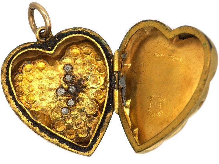 Edwardian 9ct Back & Front Heart Shaped Locket with Swallow Motif set with Garnets & Paste