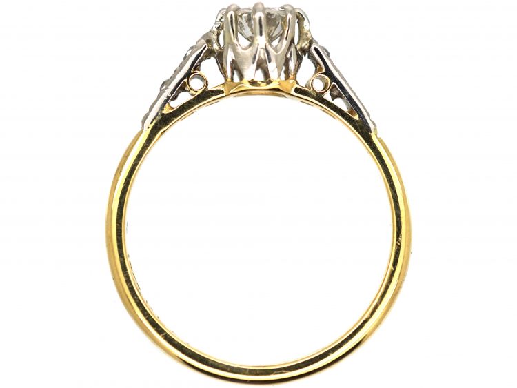 Art Deco 18ct Gold & Platinum, Diamond Solitaire Ring with Diamond Set Shoulders