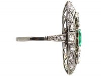 Early 20th Century Platinum, Emerald & Diamond Plaque Ring with Diamond Set Shoulders