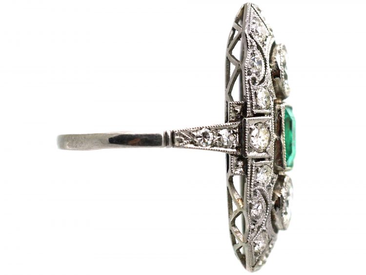 Early 20th Century Platinum, Emerald & Diamond Plaque Ring with Diamond Set Shoulders