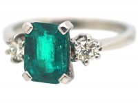 18ct White Gold, Emerald & Diamond Three Stone Ring
