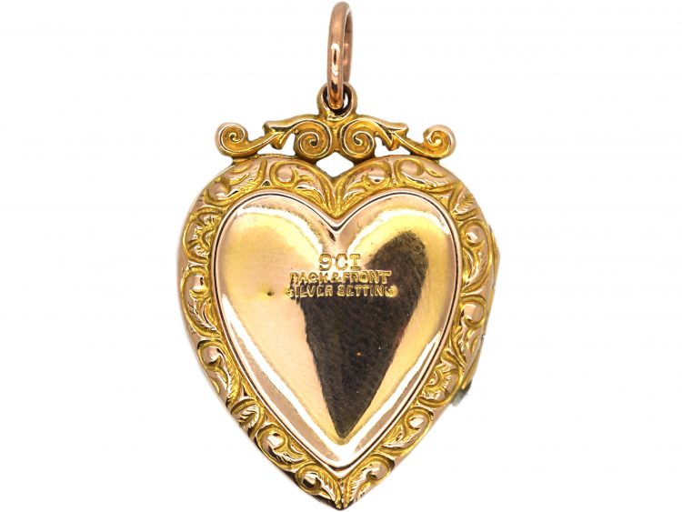 Edwardian 9ct Gold Back & Front Heart Shaped Locket with Paste Set Swallow Motif