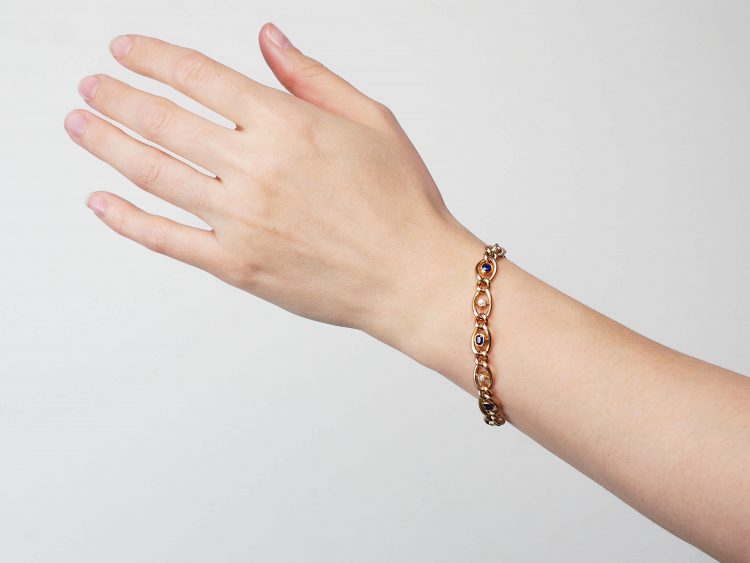 Edwardian 15ct Gold, Sapphire & Diamond Curb Link Bracelet