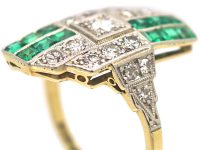 Art Deco 18ct Gold & Platinum, Emerald & Diamond Geometric Design Ring