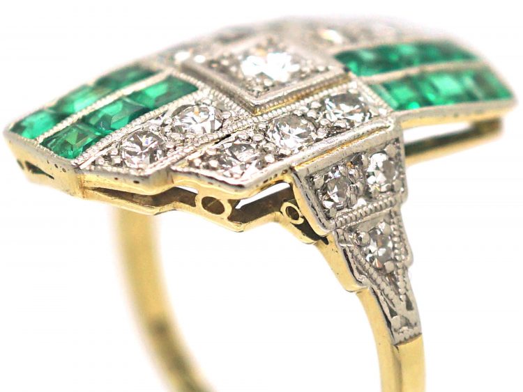 Art Deco 18ct Gold & Platinum, Emerald & Diamond Geometric Design Ring