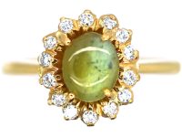 Edwardian 18ct Gold, Cat's Eye Chrysoberyl & Diamond Cluster Ring