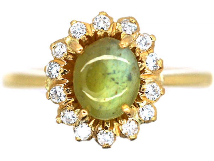 Edwardian 18ct Gold, Cat's Eye Chrysoberyl & Diamond Cluster Ring