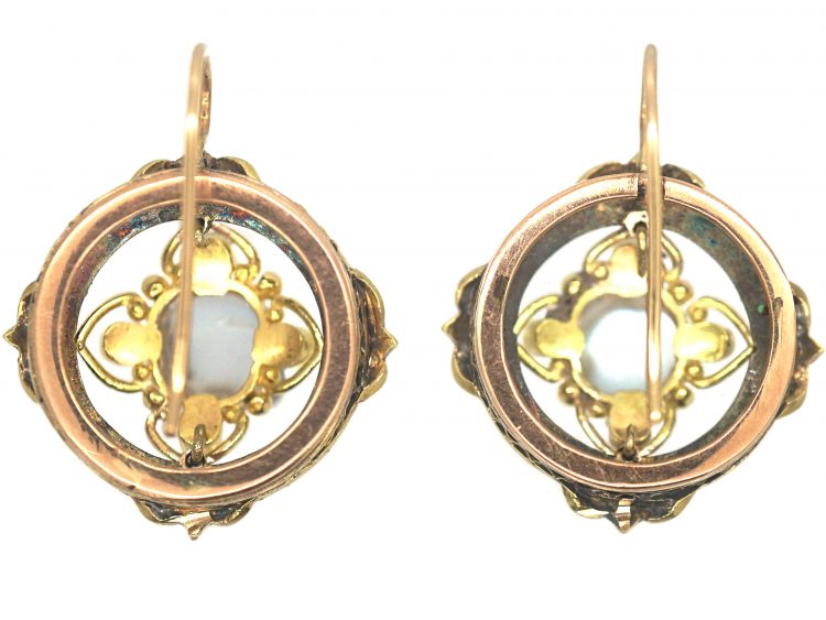 Victorian 18ct Gold, Moonstone, Ruby, Rose Diamond & Emerald Cluster Earrings